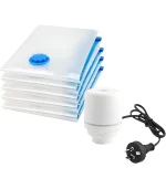 Stack of clear vacuum storage bags with blue valves and an electric pump with a Type I power plug.
