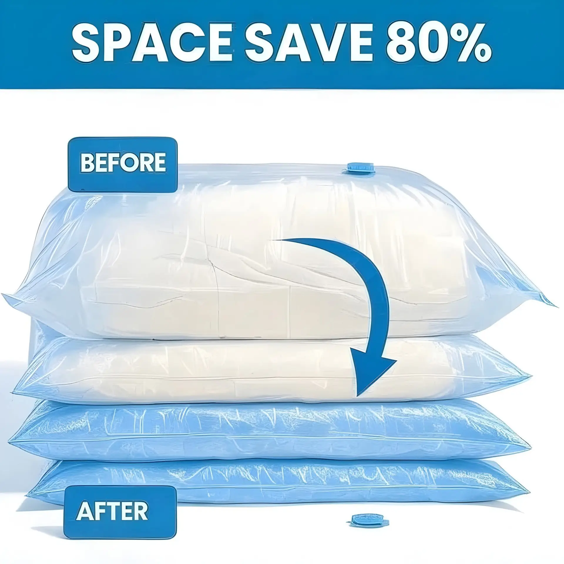 Pillows in vacuum bags, showing before (uncompressed) and after (compressed) to save 80% space. A blue arrow highlights the transformation.
