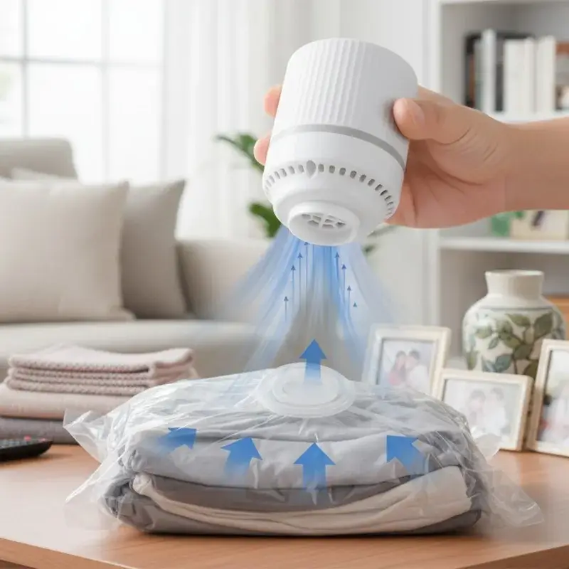 Best Travel Vacuum Bags with Electric Pump | Save 80% Space Hand uses a white portable electric pump to extract air from a clear vacuum bag containing folded clothes, saving space.