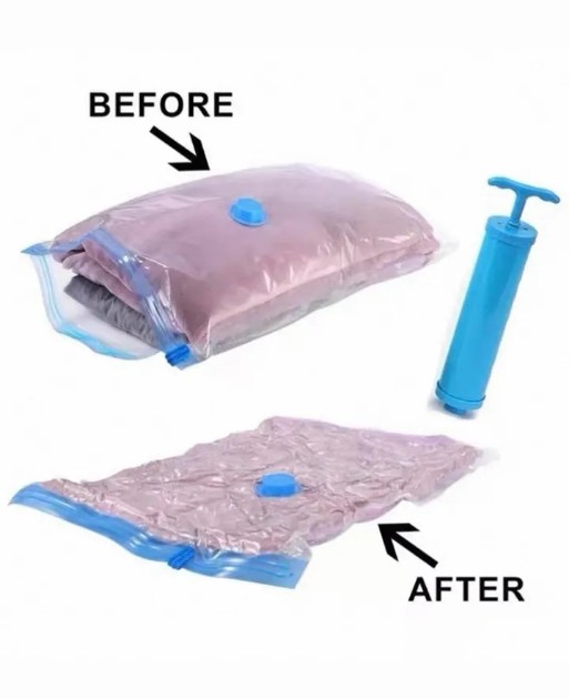 Vacuum storage bag with clothes before and after compression, next to a blue hand pump.